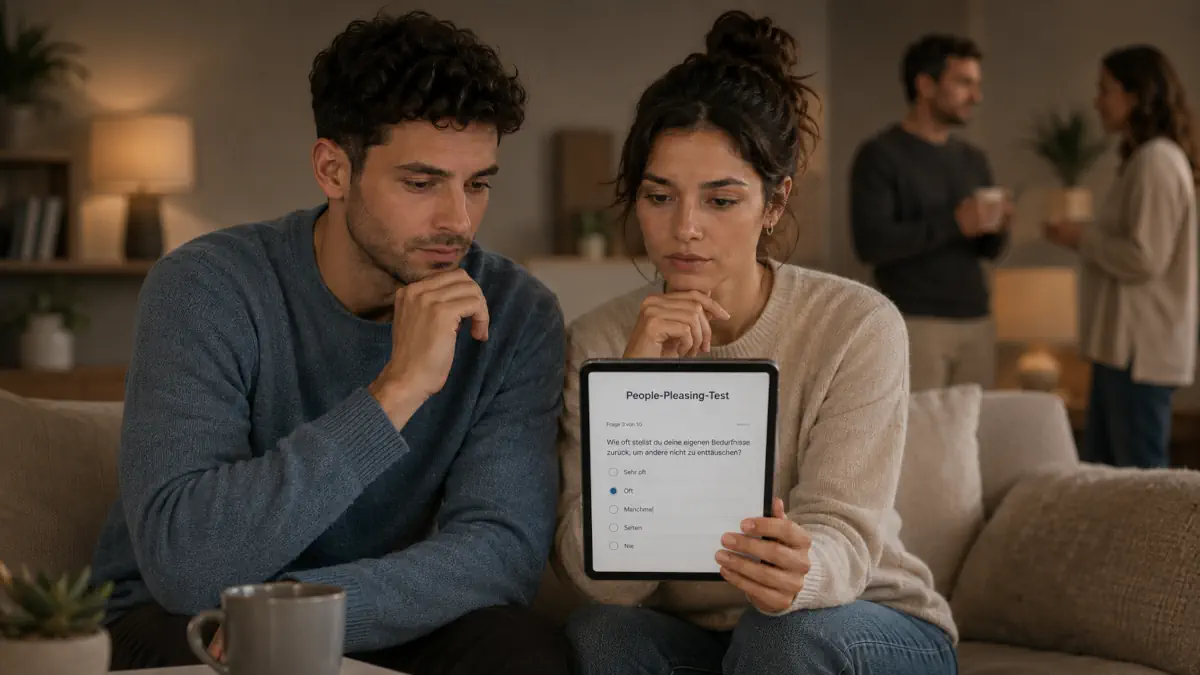 Mann und Frau machen gemeinsam einen People-Pleasing-Selbsttest auf einem Tablet
