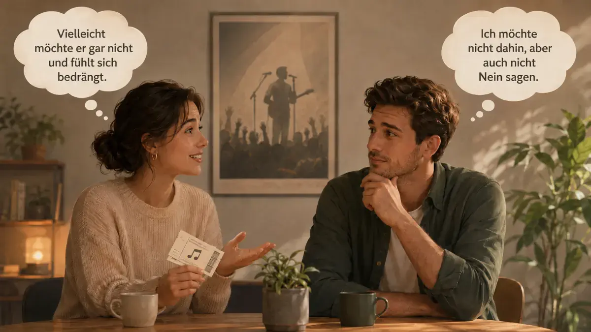 Frau und Mann sprechen über einen Konzertbesuch. Beide denken über die Wünsche des anderen nach und zeigen typische innere Konflikte beim People Pleasing.