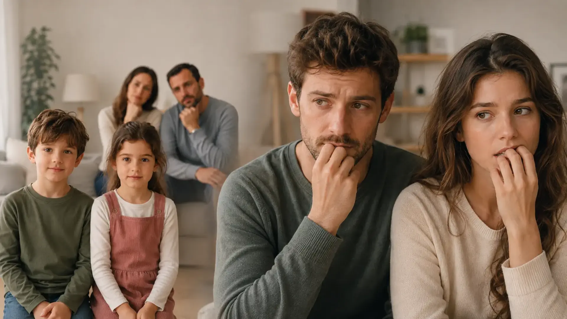 Kinder mit nachdenklichen Eltern und dieselben Kinder als Erwachsene beim Nägelkauen